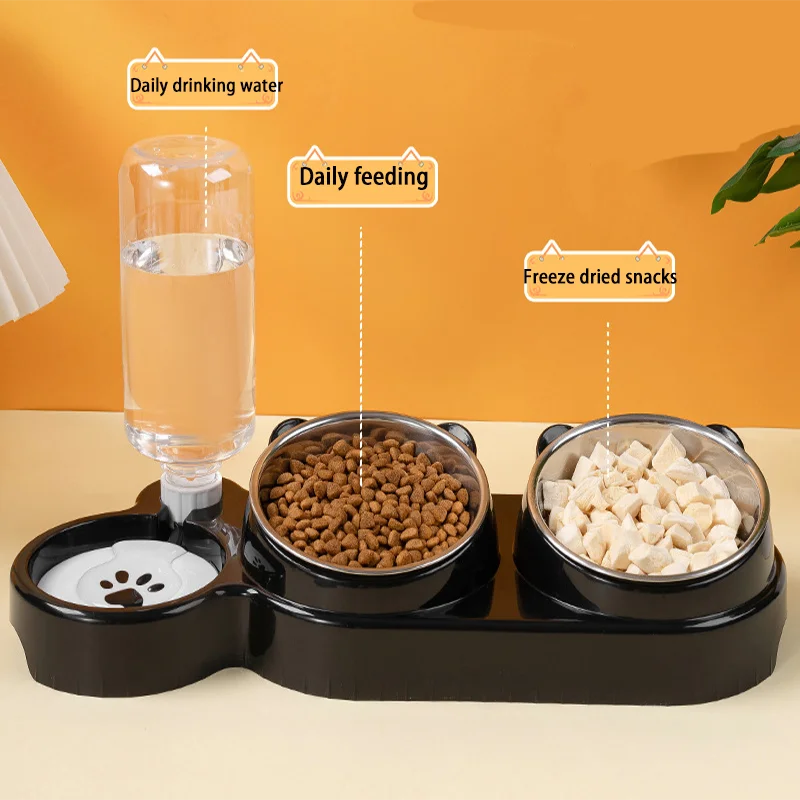 Cat Bowl Slanted Mouth Dog Bowl Cat Rice Bowl Double Bowl Stainless Steel Automatic Refilling Pet Bowl Three In One Drinking Fee