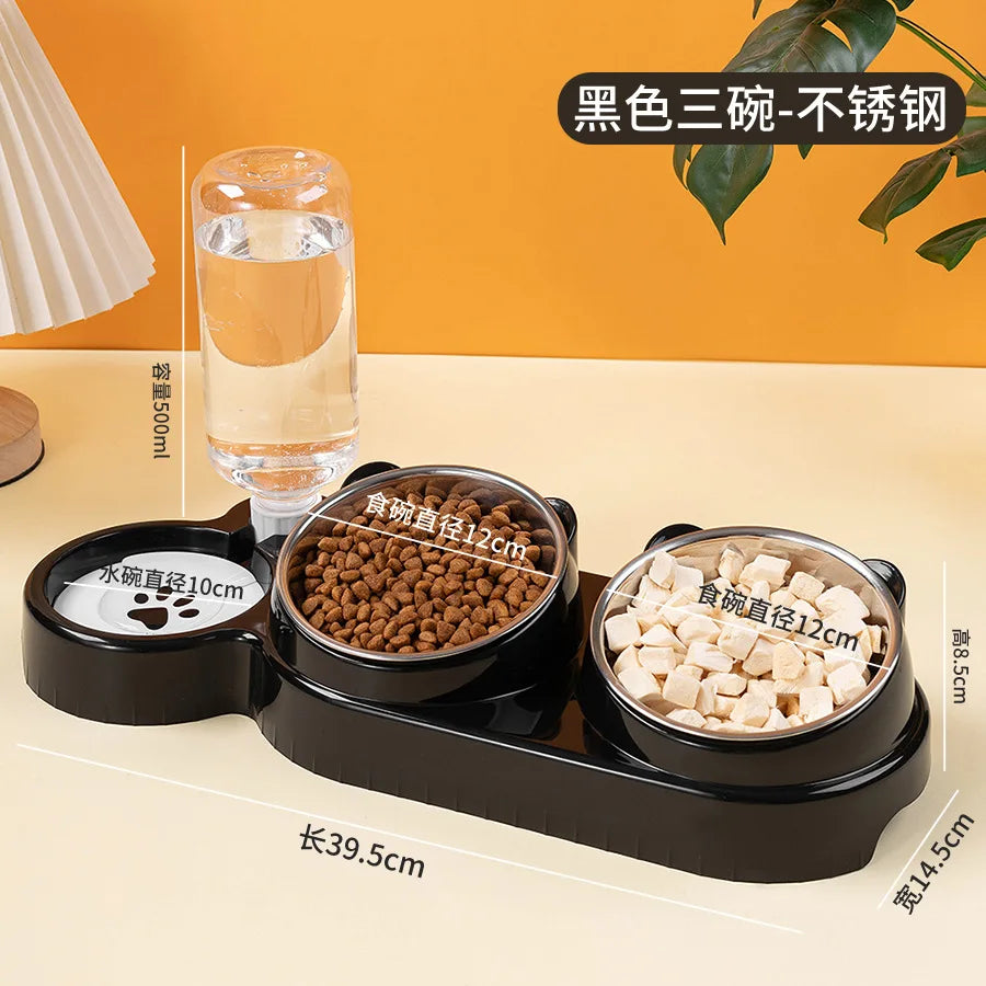 Cat Bowl Slanted Mouth Dog Bowl Cat Rice Bowl Double Bowl Stainless Steel Automatic Refilling Pet Bowl Three In One Drinking Fee