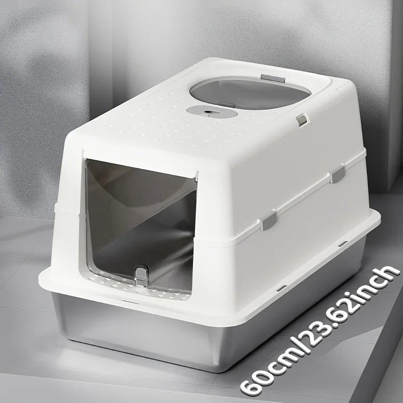 New Stainless Steel Cat Litter Box with Flip Cover Closed Design Easy to Clean Non-Slip Mat Indoor Cats Pet Supplies