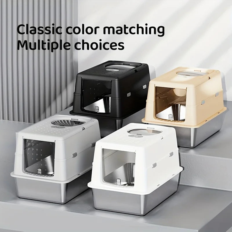 New Stainless Steel Cat Litter Box with Flip Cover Closed Design Easy to Clean Non-Slip Mat Indoor Cats Pet Supplies