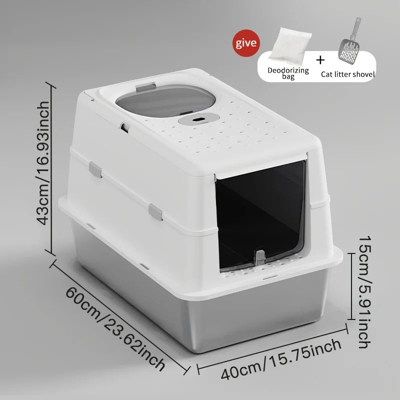 New Stainless Steel Cat Litter Box with Flip Cover Closed Design Easy to Clean Non-Slip Mat Indoor Cats Pet Supplies