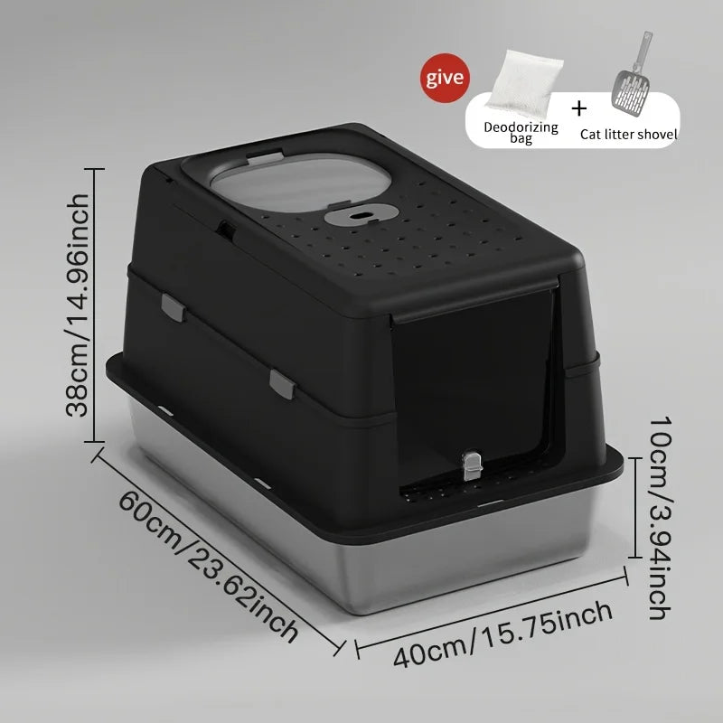 New Stainless Steel Cat Litter Box with Flip Cover Closed Design Easy to Clean Non-Slip Mat Indoor Cats Pet Supplies