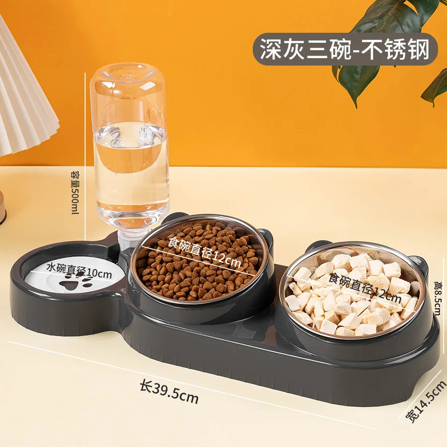 Cat Bowl Slanted Mouth Dog Bowl Cat Rice Bowl Double Bowl Stainless Steel Automatic Refilling Pet Bowl Three In One Drinking Fee