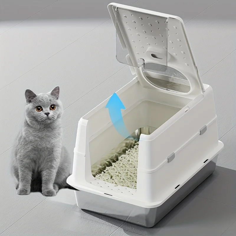 New Stainless Steel Cat Litter Box with Flip Cover Closed Design Easy to Clean Non-Slip Mat Indoor Cats Pet Supplies