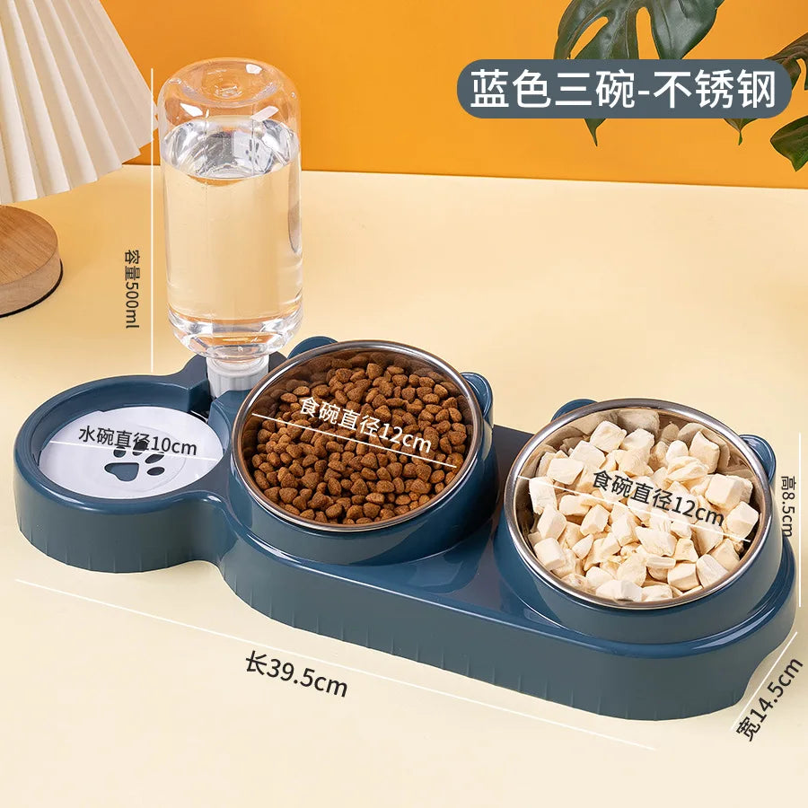 Cat Bowl Slanted Mouth Dog Bowl Cat Rice Bowl Double Bowl Stainless Steel Automatic Refilling Pet Bowl Three In One Drinking Fee