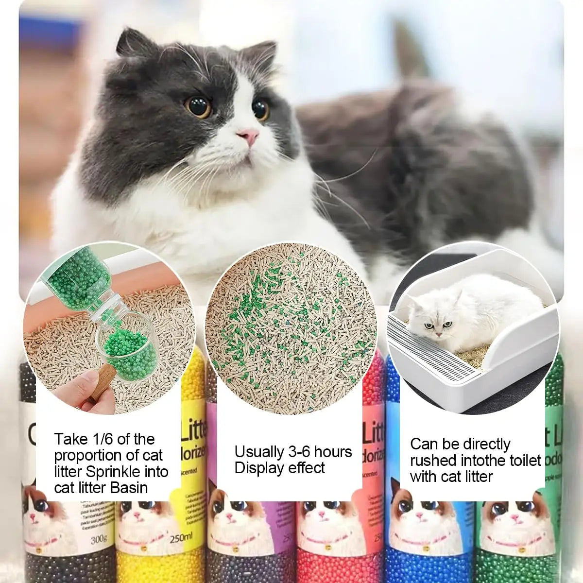 A bottle of deodorant beads for cat sand: makes your home smell comfortable and eliminates odors