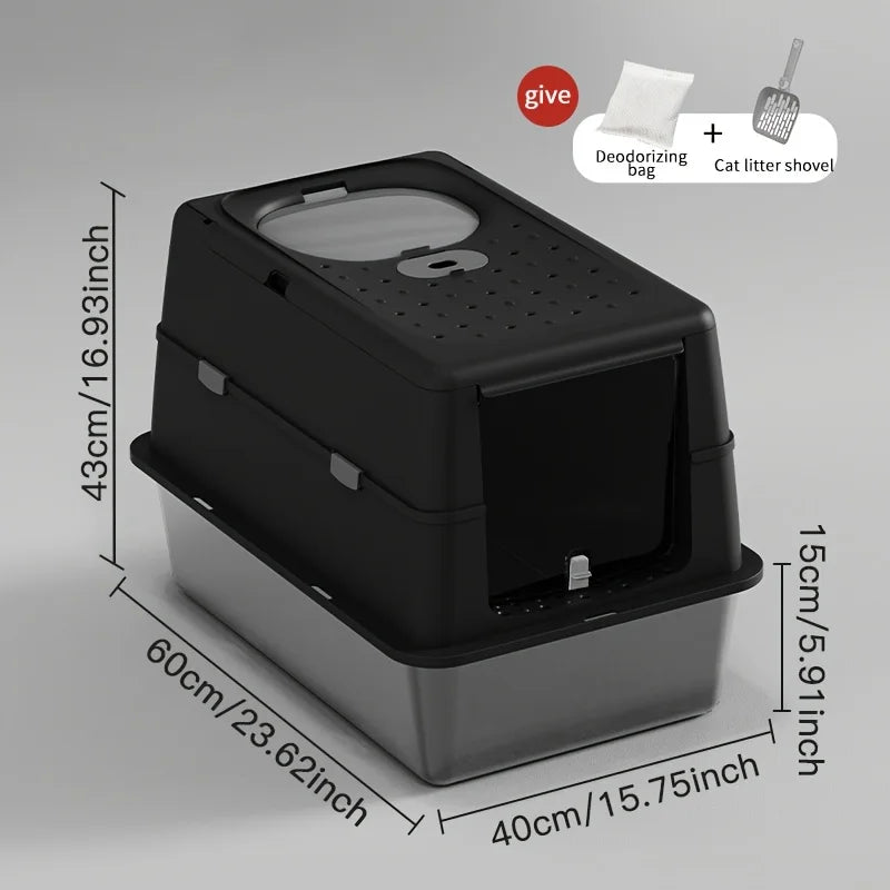 New Stainless Steel Cat Litter Box with Flip Cover Closed Design Easy to Clean Non-Slip Mat Indoor Cats Pet Supplies