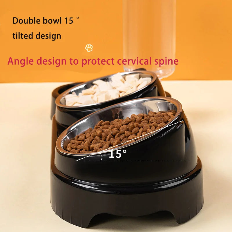 Cat Bowl Slanted Mouth Dog Bowl Cat Rice Bowl Double Bowl Stainless Steel Automatic Refilling Pet Bowl Three In One Drinking Fee