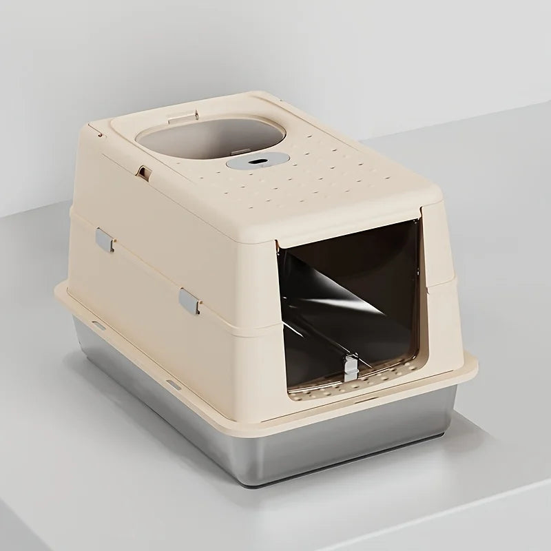 New Stainless Steel Cat Litter Box with Flip Cover Closed Design Easy to Clean Non-Slip Mat Indoor Cats Pet Supplies