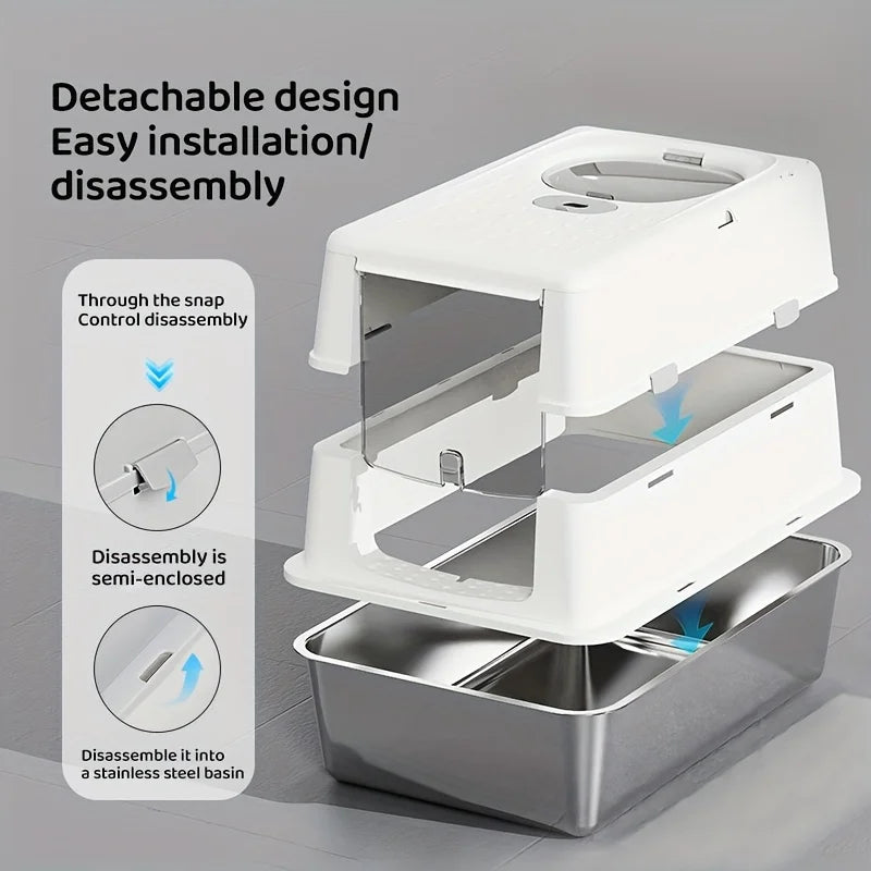 New Stainless Steel Cat Litter Box with Flip Cover Closed Design Easy to Clean Non-Slip Mat Indoor Cats Pet Supplies