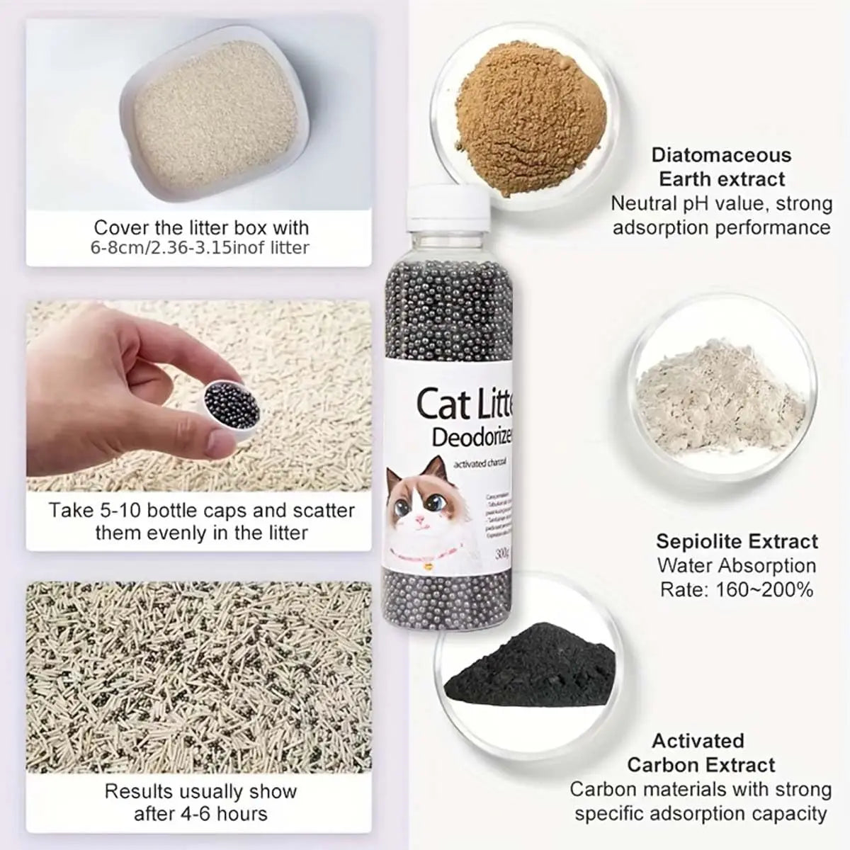 A bottle of deodorant beads for cat sand: makes your home smell comfortable and eliminates odors